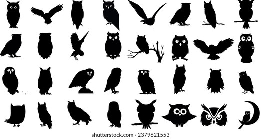 Siluetas de búho ilustraciones vectoriales Set, perfecto para Halloween, naturaleza, diseños con temática de aves. Los búhos negros en varias poses - volar, percharse, sentarse, pararse. Espectacular ambiente nocturno con luna