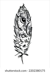 owl silhoutte on feather. Hand drawn vector illustration. Print design for t-shirt.Retro old style