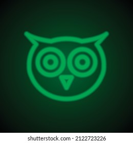 Owl simple icon. Flat desing. Green neon on black background with green light.ai
