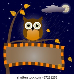 Owl sit on a branch with a signboard against the night sky. Vector illustration.