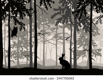 Owl sit on branch of tree, hare in grass, forest background, silhouettes of trees. Magical misty landscape. Illustration. 