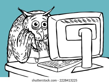 The owl sits at the computer and looks at the screen, nervously holding a mouse wire in its beak. There is a panicked expression on the owl's face-perhaps owl is reading the news.