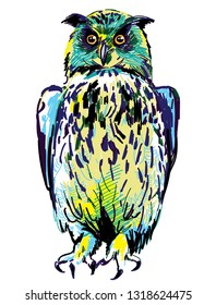 Owl sits with folded wings. Drawing by hand, drawing markers. Multicolored stylish pattern.