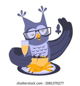 Owl sits with a glass of champagne and holds a mouse. In the paws is a bowl with mice. Cartoon vector illustration, design for print, sticker and postcard. Isolated on white background