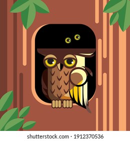 An owl sits in a hollow tree.
