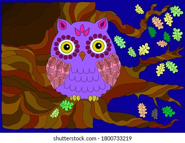 An owl sits motionless on a tree in the blue moonlight, vector color illustration for children.