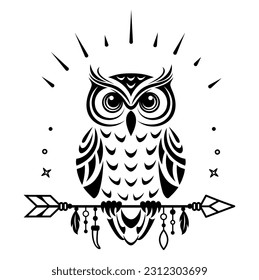 The owl sits on an arrow. Bird silhouette. Stylized black and white graphics in tribal style. Boho vector illustration. TOdark animal, talisman.