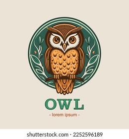 Owl sits on a branch in the forest. Owl vector colored logo design