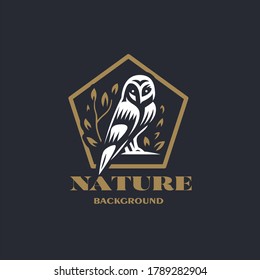 The owl sits on a branch and turns its head. Stylized vector illustration.
