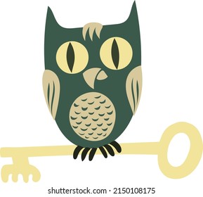 Owl sits on a golden key. Vector flat drawing.	