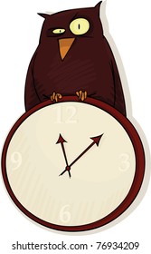 An owl sits on a large round clock