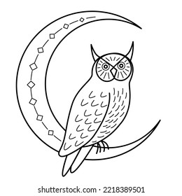 Owl sits on a moon. Vector black and white illustration in line art style.