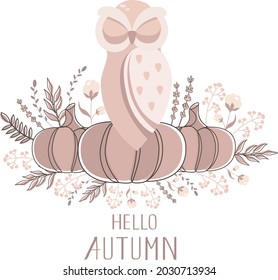 The owl sits on pumpkins, surrounded by herbs. Vector illustration
