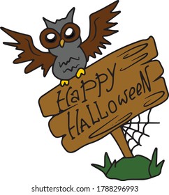 An owl sits on a sign with the text Halloween.Vector design for banners and Halloween cards