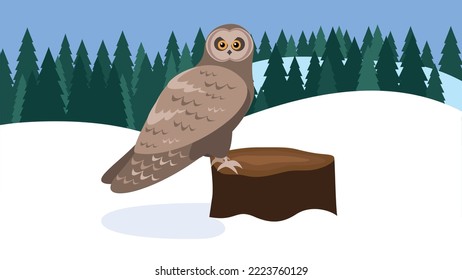 An owl sits on a stump in the winter in the forest
