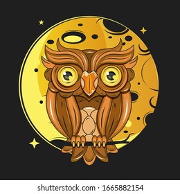 Owl Sits On A Tree Branch At Night Under The Moon Illustration Suitable For Greeting Card, Poster Or T-shirt Printing.