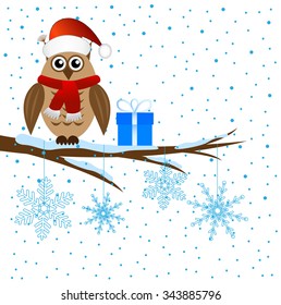 The owl sits on a tree branch, vector illustration