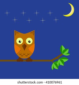 The owl sits on a tree branch in the night sky and the moon