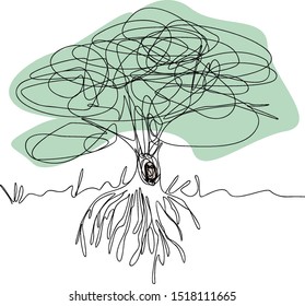 An owl sits on a tree. Oak and bird are drawn in one line. Vector illustration.

