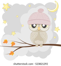 Owl sits in a tree with the stars and moon in the background.