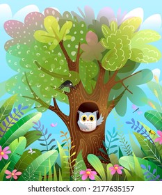 Owl sitting in hollow tree in forest and greeting, wallpaper illustration for children with green nature and woods. Vector nature background for kids.