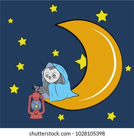 an owl is sitting with a lamp on the moon. good night. vector illustration.