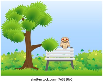 Owl sitting on the back benches standing in a park under a tree