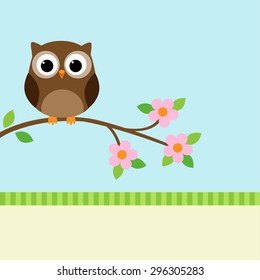 Owl sitting on blooming branch. Vector illustration