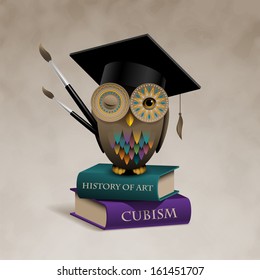 Owl sitting on books, concept of art education, eps10 vector