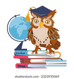 Owl sitting on books with globe, flat vector illustration isolated on white background. Owl on educational and back to school topics, design of timetable of lessons and diploma certificates.