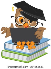 Owl sitting on books and holding a laptop. Illustration in vector format