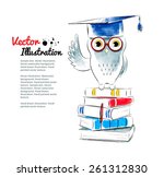 Owl sitting on books. Watercolor vector illustration. Isolated.