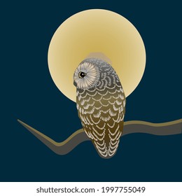 An owl is sitting on a branch against the background of the moon. Symbol of wisdom