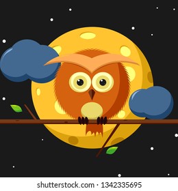 owl sitting on a branch on the background of the full moon