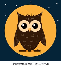 Owl sitting on a branch on the background of a large yellow moon and starry sky, blue background, vector