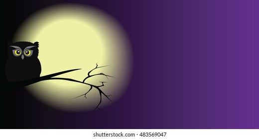 Owl sitting on branch on background of the moon.Happy Halloween. For banners and websites ,cards, invitations.Vector illustration