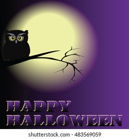 Owl sitting on branch on background of the moon.Happy Halloween. For banners and websites ,cards, invitations.Vector illustration