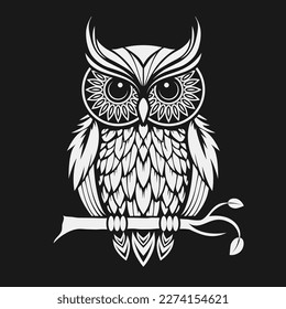 Owl sitting on branch. Black and white logo, silhouette. Vector background