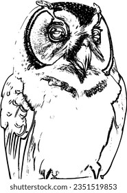 owl sitting on a branch. black and white vector pencil drawing. isolated image. Vector graphics.