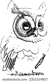 owl sitting on a branch. black and white vector pencil drawing. isolated image. Vector graphics.