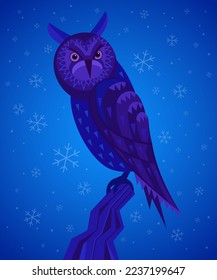 An owl sitting on a branch in a cold snowy weather