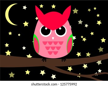 owl sitting on a branch in dark, starry sky, vector illustration, card