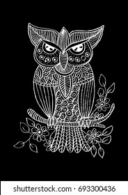 Owl sitting on branch. Decorative ornament.