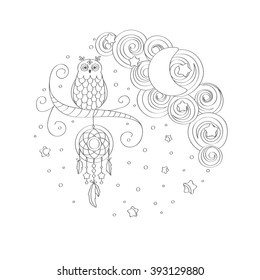 Owl sitting on a branch with dreamcatcher hanging below, stormy clouds and a moon in background. Hand drawn. Coloring book for adults and children. Boho style. Ethnic motives. Vector illustration.