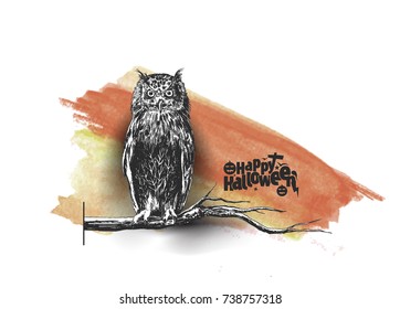 Owl sitting on branch Halloween background , Hand Drawn Sketch Vector.