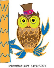 The owl is sitting on a branch in a hat, colored drawing