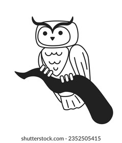 Owl sitting on branch monochrome flat vector object. Wildlife in forest. Horned owl in tree. Editable black and white thin line icon. Simple cartoon clip art spot illustration for web graphic design