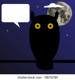 Owl sitting on branch with the moon in the background, a balloon for your text