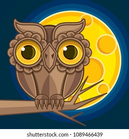 Owl sitting on branch at night vector illustration