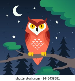 Owl sitting on a branch in the night forest.